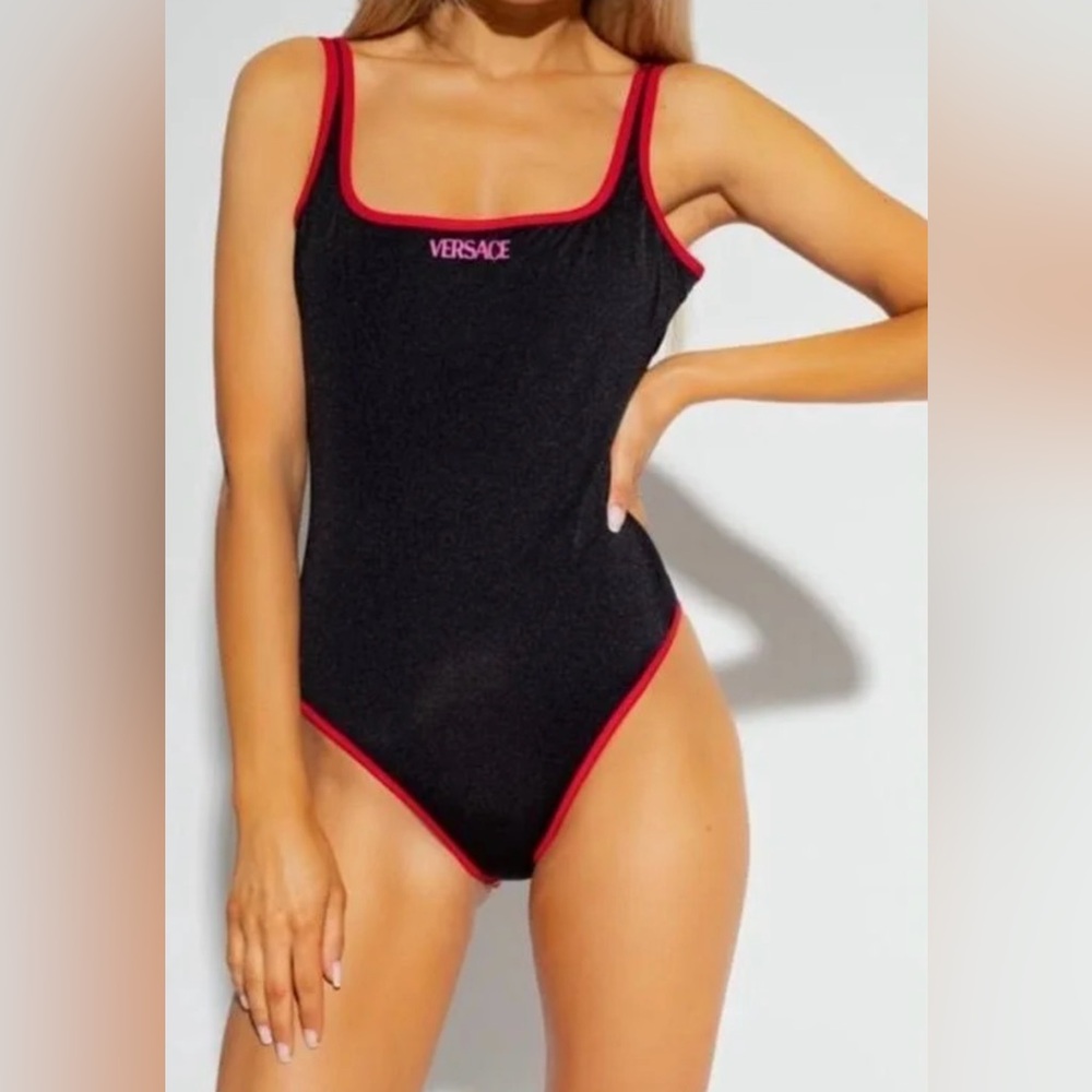 Versace Womens Red Black La Greca Logo Reversible One Piece Swimsuit Size S $825 - Picture 3 of 6